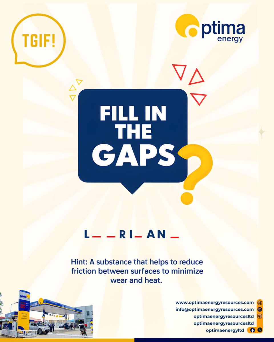 Fun Time 💃

Fill in the gap!
A substance that helps to reduce friction between surfaces in mutual contact, which ultimately reduces the heat generated when the surfaces move.

Think you know the answer? Drop it in the comments and let’s see who gets it right first!
Happy weekend