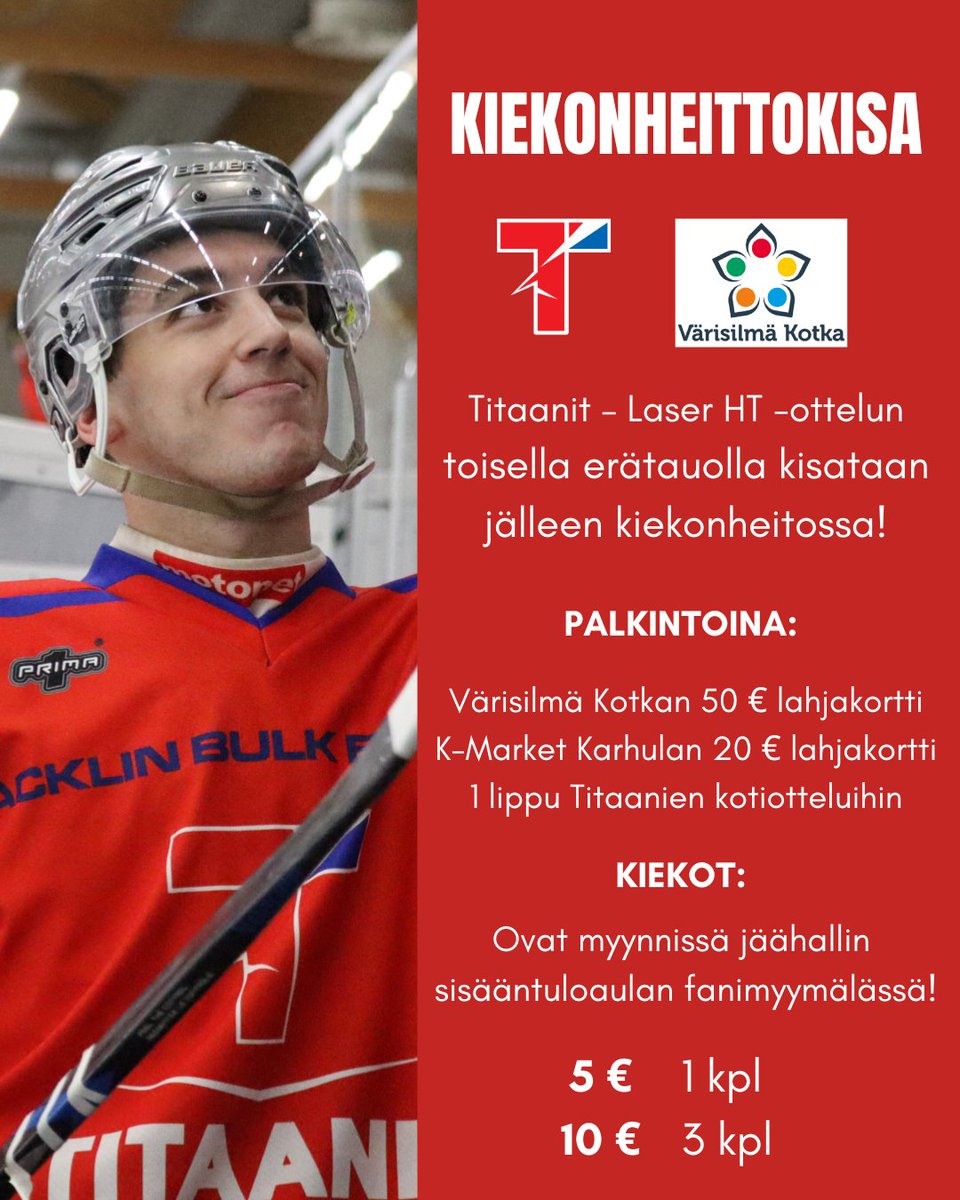 Titaanit1974's tweet photo. Tämän illan Suomi-sarjan runkosarjaottelun pelaavan titaanimiehistön katsojille tarjoaa #KiinteistömaailmaKotka! 🏒 #Titaanit #punanutut #Suomisarja #Kotka #Karhula #Hamina #Pyhtää #LaserHT #Oulu https://t.co/WDBdGqHMNF