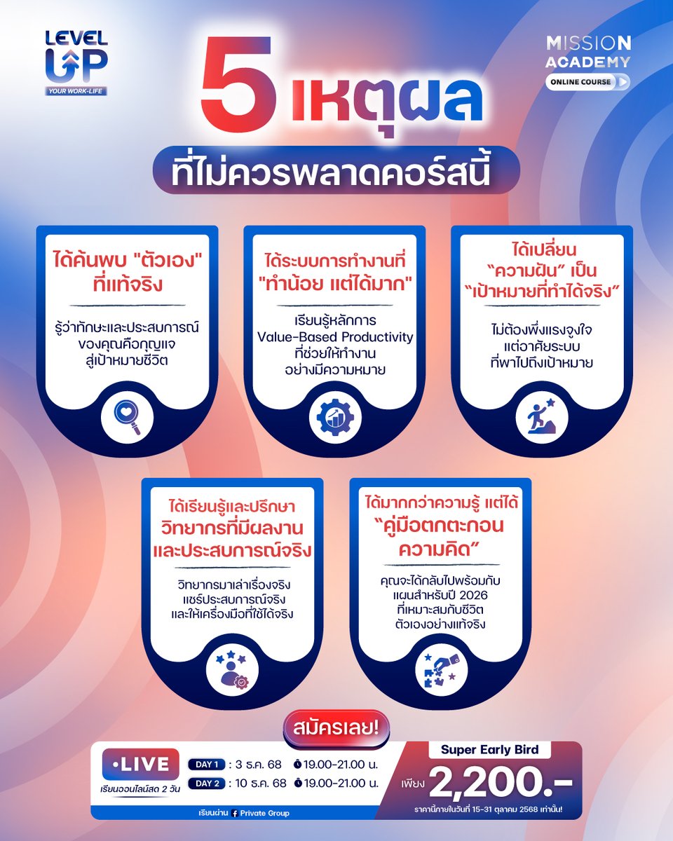 ❤️‍🔥5 เหตุผลที่ไม่ควรพลาดคอร์ส Level-Up Your Work-Life

ปลายปีแบบนี้ ใครๆ ก็บอกว่าอยากเปลี่ยนแปลง อยากพัฒนาตัวเอง อยากมีเป้าหมายที่ชัดเจน แต่พอถามว่าจะเริ่มยังไง? กลับตอบไม่ได้สักที

แต่ถ้าคุณเป็นหนึ่งในคนที่
[  ] ทำงานหนักทุกวัน แต่รู้สึกว่าชีวิตไม่ได้เดินหน้าไปไหน
[  ]