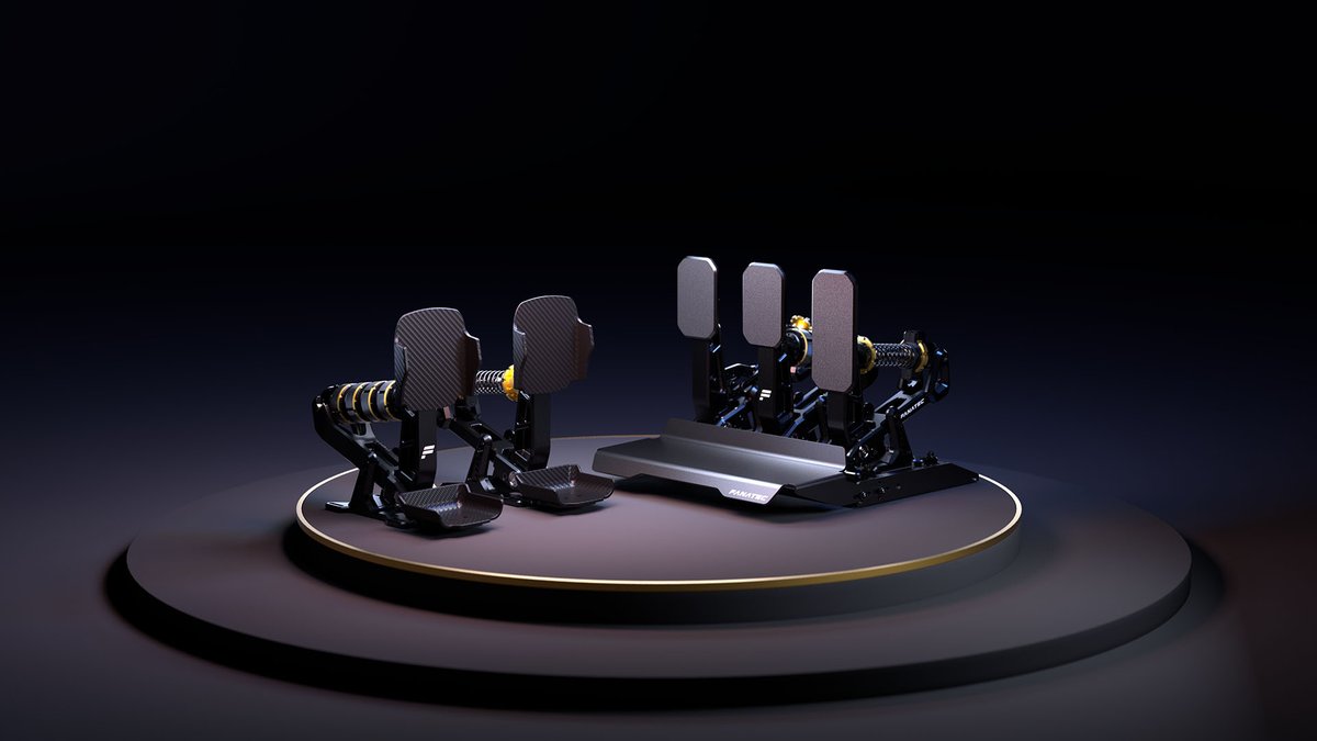 fanatec's tweet image. The Podium Pedals are an all-new precision pedal set developed in collaboration with professional drivers.

💪 Forged aluminum brake pedal and 200kg load cell
💪 Innovative elastomer compression control system
⭐ Podium Pedals Formula variant with carbon fiber faces and heel cups