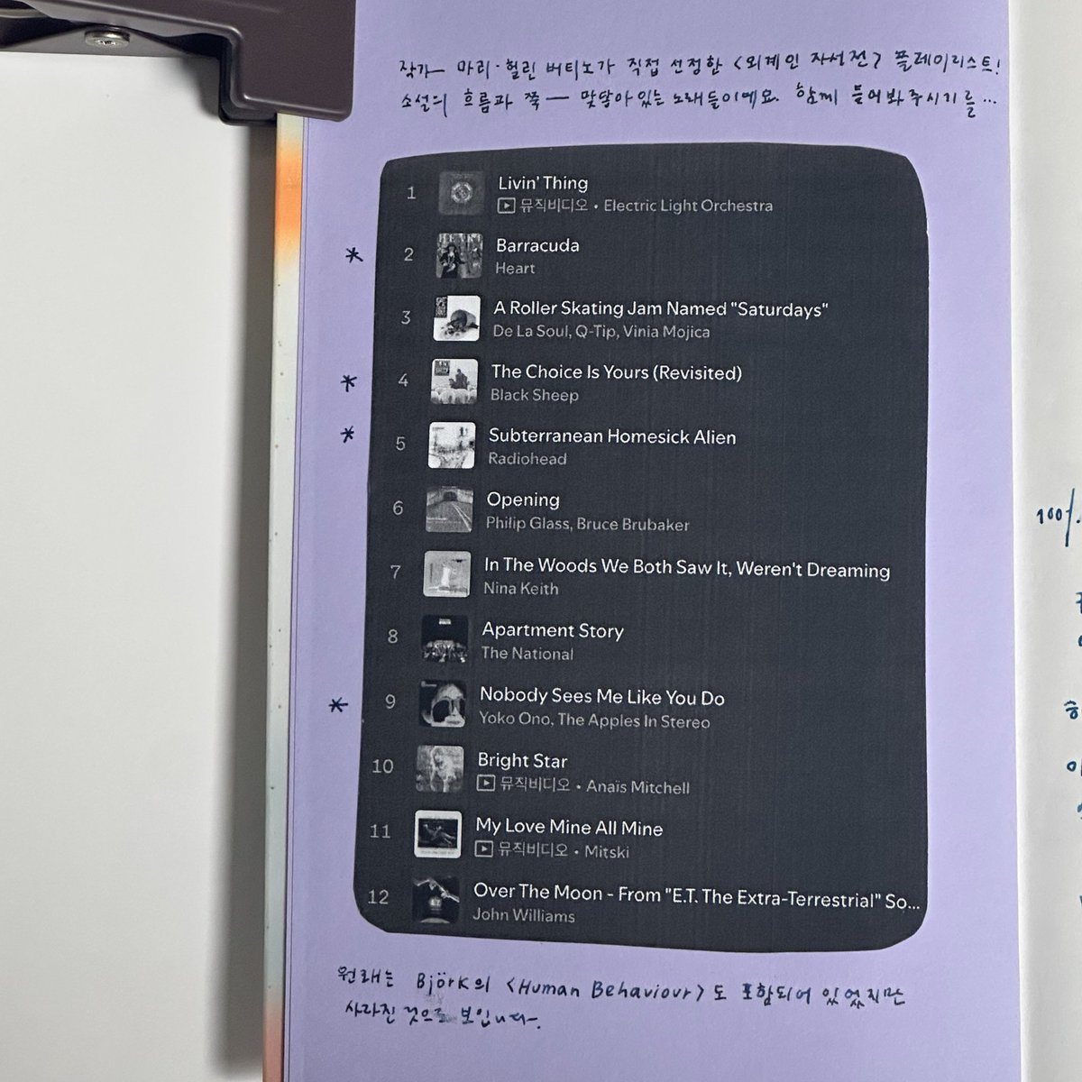 머위 님이 공유해주신..
작가 마리-헐린 버티노가 직접 선정한 플레이리스트 공유합니다!!!!!!!! 저는 이 플리 틀어놓고 읽었음 ㅎ