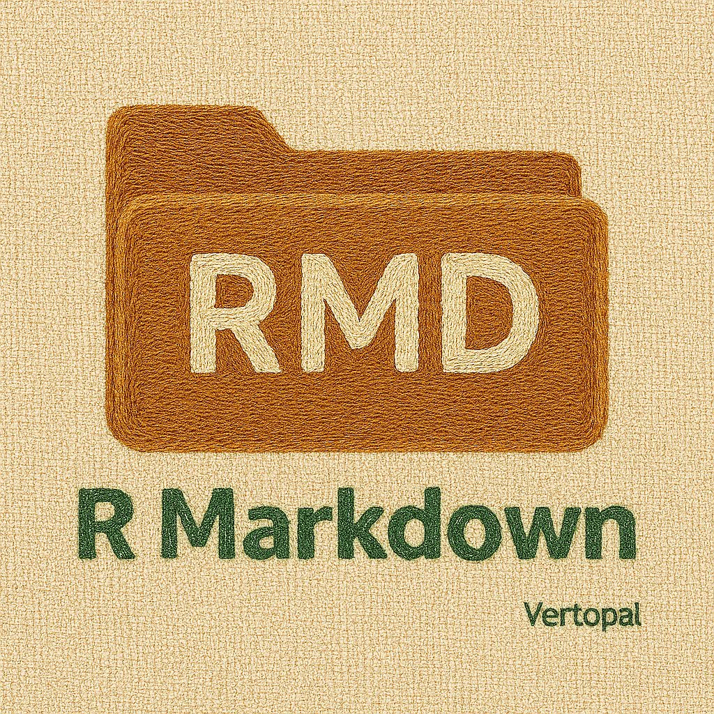 Embroidered design on beige fabric featuring a terracotta-colored file folder with the stitched text "RMD" in cream. Below the folder, "R Markdown" is stitched in dark green. In the bottom right corner, "Vertopal" appears in small green thread.