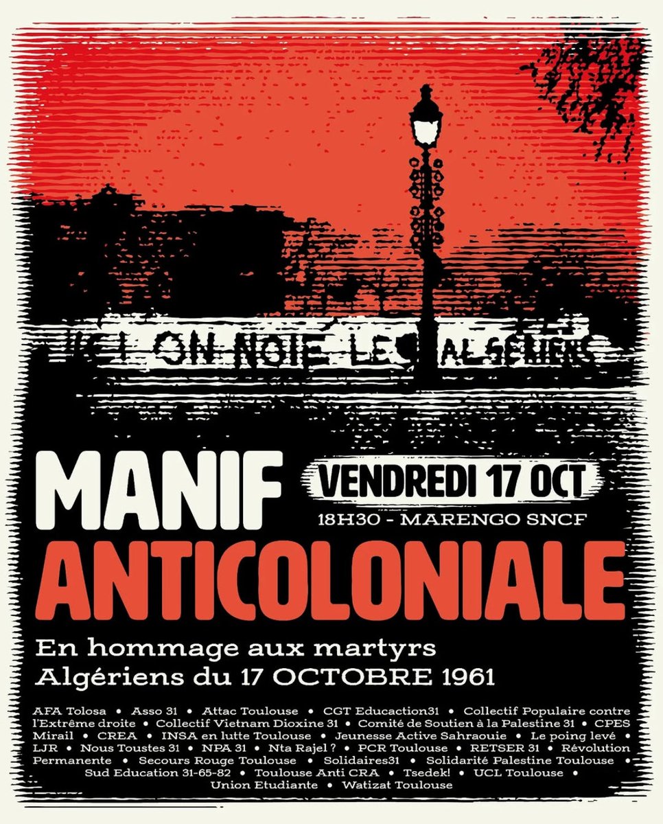 🚨RDV aujourd’hui pour l’hommage aux pacifistes algérien•nes massacré•es par la police le 17 Octobre 1961.

📍Marengo SNCF
 ⏰ 18h30
