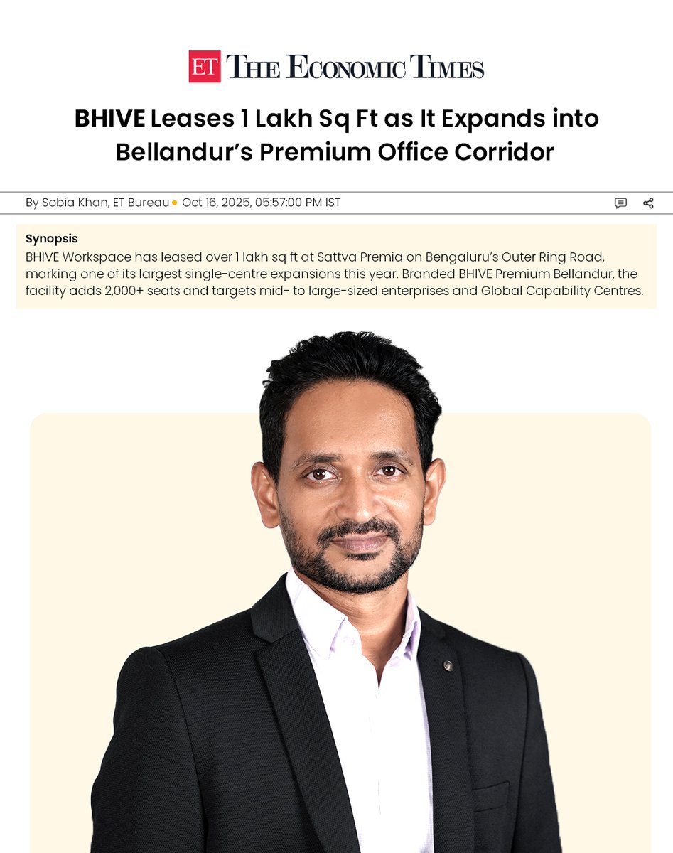 This <a href="/EconomicTimes/">Economic Times</a>  feature is a special one, introducing our first premium workspace in Bellandur ORR. Say hello to BHIVE Premium Bellandur, our latest addition to BHIVE’s growing network. 

🔗 Read the full article to learn more - shorturl.at/0augO