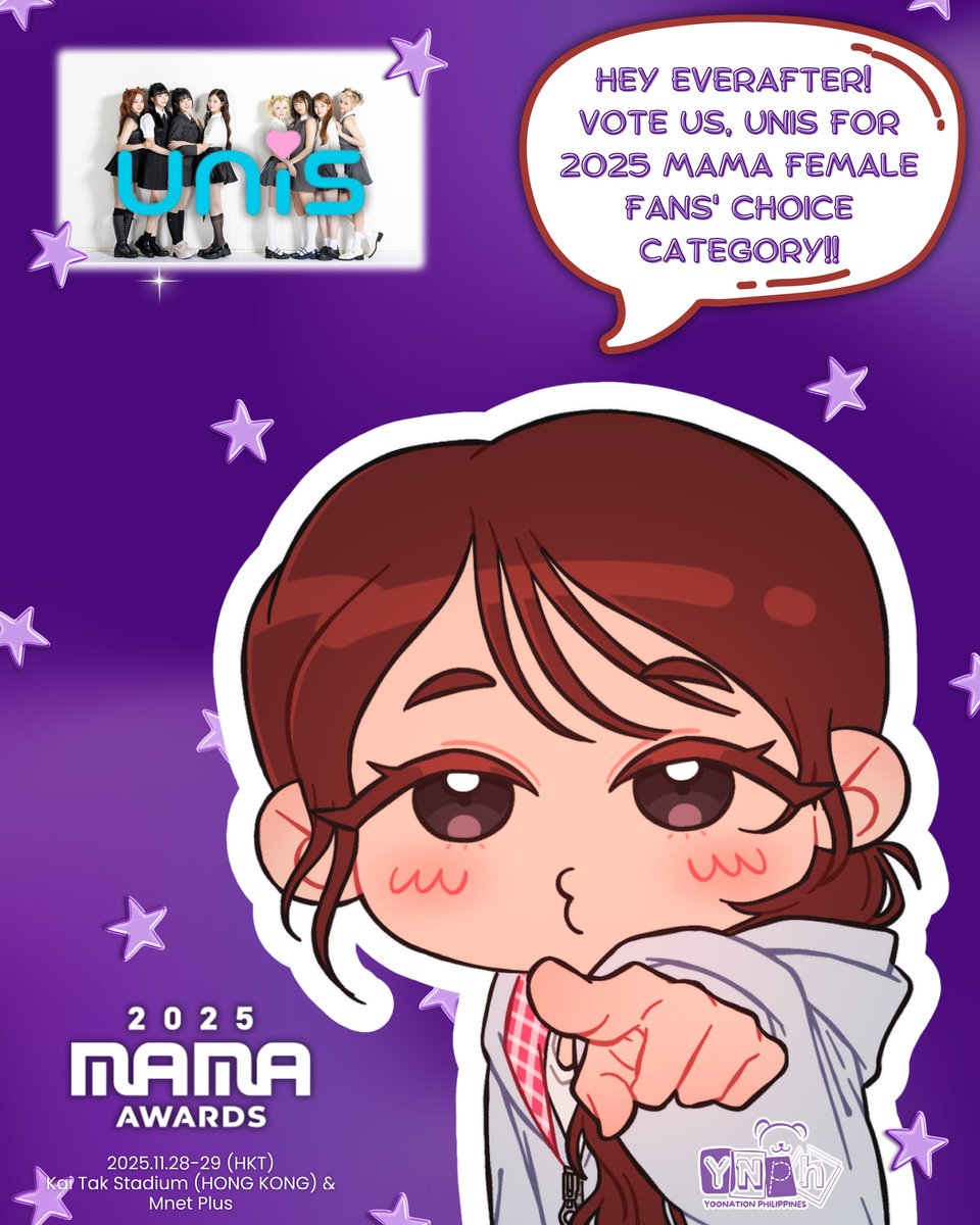 YoonationPH's tweet photo. [🗳️] Calling every Teddies & EverAfters to please cast your votes for @UNIS_offcl on 2025 MAMA (Female) Fan's Choice Category! 💜✨🧸

#2025MAMAVOTE #unis