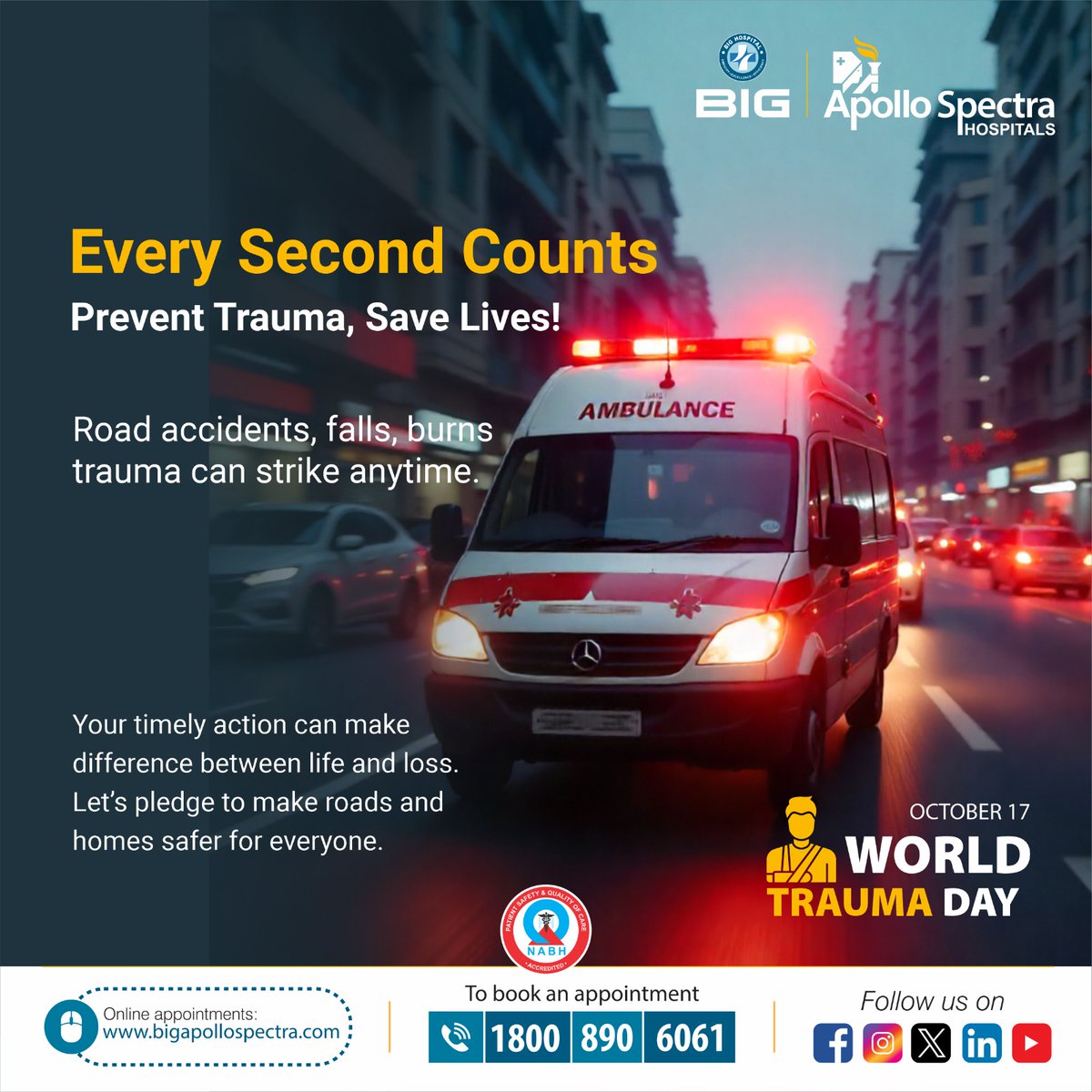 🚑WORLD TRAUMA DAY🚑

Every Second Counts! ⏱️
Prevent Trauma, Save Lives!

Road accidents, falls, and burns — trauma can strike anytime.

Your timely action can make the difference between life and loss.