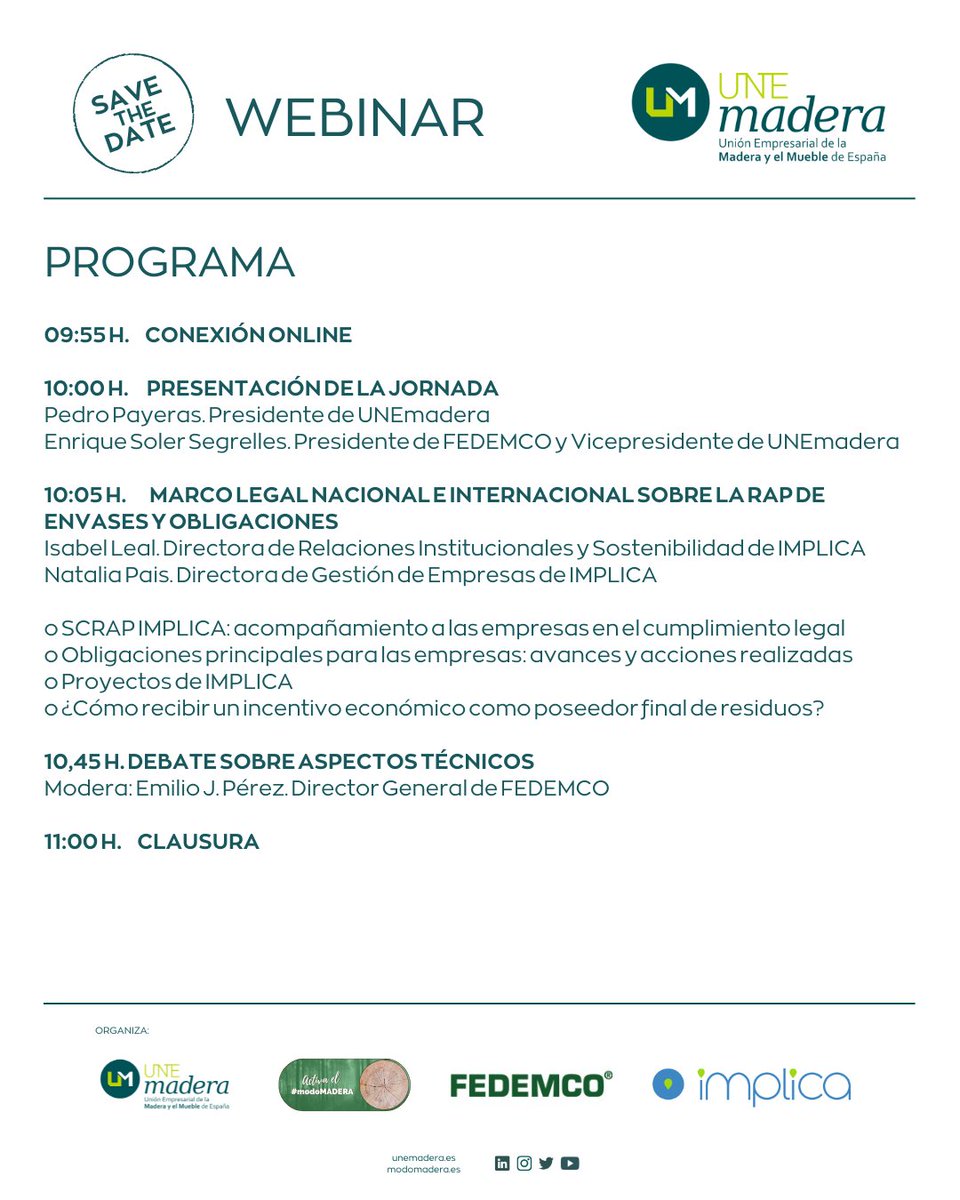 📢 Webinar | Responsabilidad Ampliada del Productor: Marco Regulatorio para Envases y Embalajes

🗓 28 oct | 🕙 10:00 h | 💻 Zoom
Inscripción gratuita 👉 docs.google.com/forms/d/e/1FAI…

Con:
🪵 Pedro Payeras (UNEmadera)
📦 Enrique Soler (FEDEMCO)
⚙️ Isabel Leal/Natalia Pais (IMPLICA)