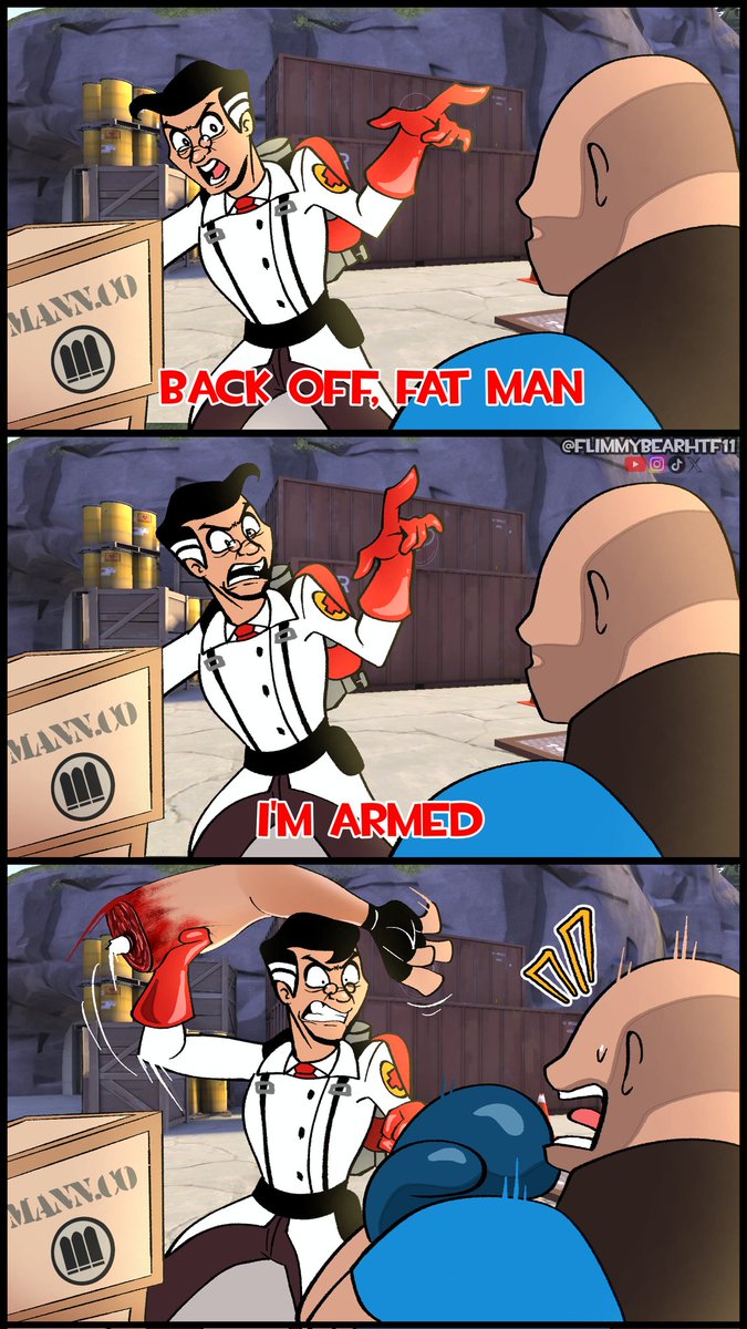 flimmybear's tweet photo. I think he is armed
[Art by me]

#tf2 #TeamFortress2 #teamfortress #tf2fanart #tf2medic #comic #flimmybear https://t.co/CJkkE4pSEK