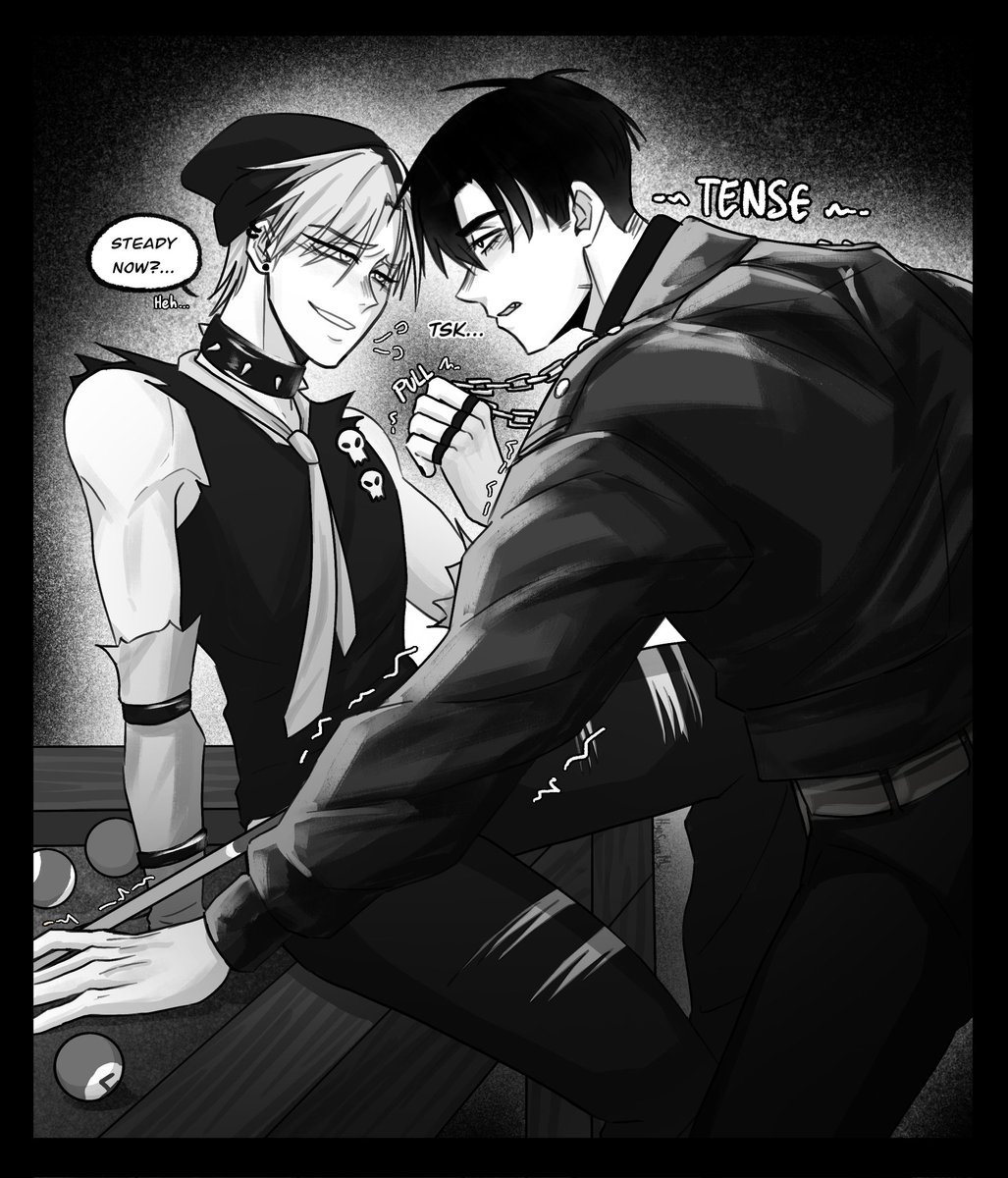 eepytill's tweet image. moments before disaster in self-indulgent band au fic featuring — shameless flirting, ivan hustling till, and uh, they play pool too, i guess
commissioned art by @/hyesung2011 &lt;3