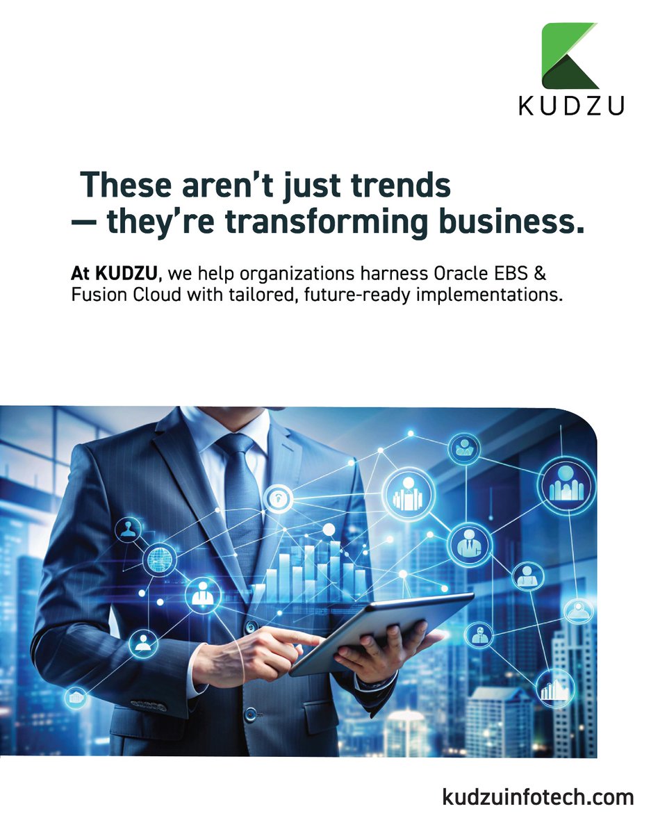 kudzu_infotech's tweet image. At Kudzu Infotech, we help businesses harness these innovations through tailored Oracle EBS and Fusion Cloud implementations — driving agility, security, and smarter decision-making.

#KudzuCarousel #OracleApplications #DigitalTransformation #CloudComputing