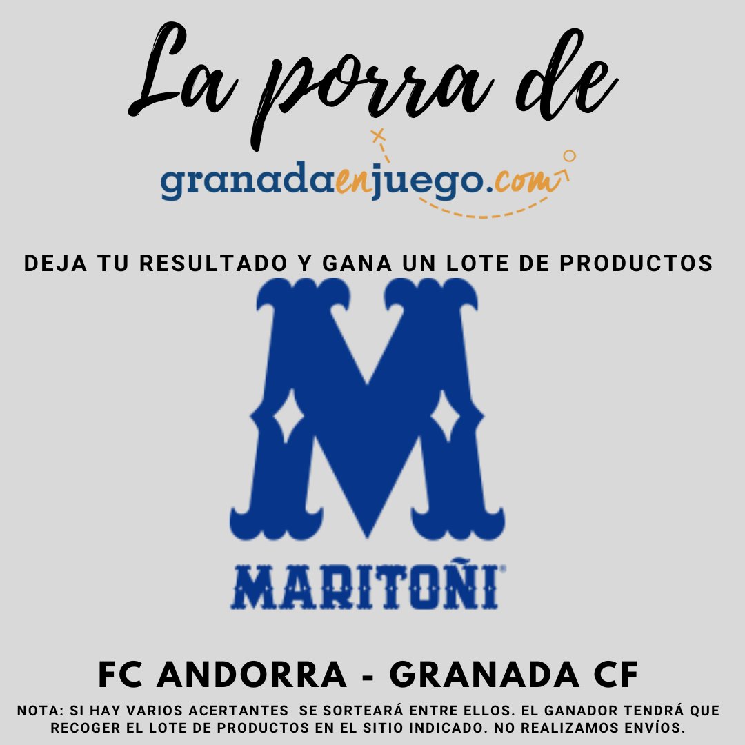 granadaenjuego's tweet photo. ⚽️🔥 ¡Participa en nuestra porra y gana! 🔥⚽️

¿Quién ganará el partido FC Andorra 🆚️ Granada CF? ¡Acierta el resultado y llévate un lote de productos de @Maritoni_SL! 🎁✨

👇 ¿Cómo participar?
✅ Síguenos
✅ Retuitea o comparte publicación 🔄
✅ ¡Deja sólo UN resultado https://t.co/2rwpKicKo0