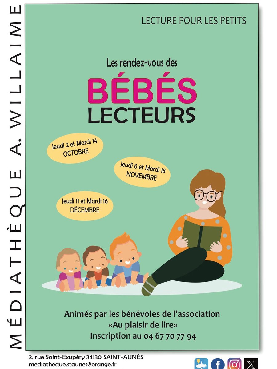 📚 Les Bébés Lecteurs reviennent à la Médiathèque A. Willaime !
Un doux moment de lecture et de rires pour les tout-petits 💛

🗓 6 &amp; 18 nov • 11 &amp; 16 déc
📍 Saint-Aunès
📞 04 67 70 77 94

#BébésLecteurs #Lecture #SaintAunès