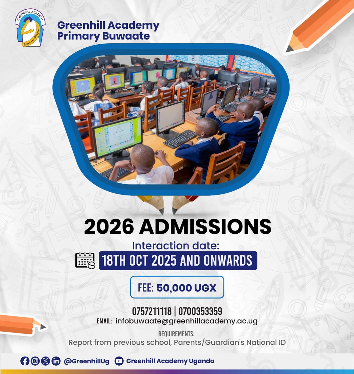 This Saturday, Greenhill Academy Primary Buwaate will be hosting the first 2026 admissions interactions &amp; you are all welcome as you start your child’s Greenhill Journey. 📕 

🖊️ Visit: greenhillacademy.ac.ug/apply to apply. 

#GreenhillSchools