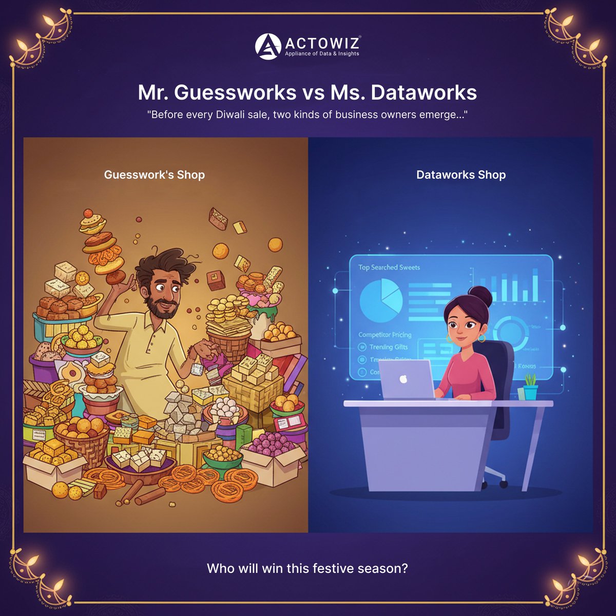 actowizsolution's tweet image. Two kinds of business owners this Diwali 

🌀Mr. Guesswork: “Go with the gut!
💡Ms. Datawork: “Go with Actowiz!

While one guesses, the other glows with insights.
✨Switch from Guesswork to Greatwork with 
#ActowizSolutions!

Smarter insights. Brighter results. Happier Diwali. 🪔
