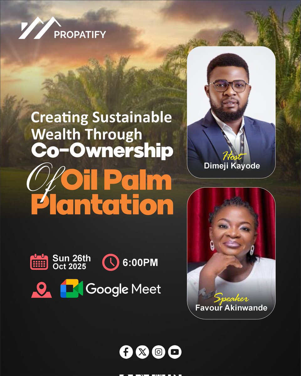 CounselorFavour's tweet photo. Thought the oil palm was old-fashioned? Think again. It's a powerhouse for sustainable, generational wealth.

I'm joining Propatify to discuss how co-ownership is changing the game.

🗓️Oct 26
Time:6 PM
No farm boots required, just a curious mind.

#Agribusiness #WealthCreation https://t.co/ewPiskBYy6
