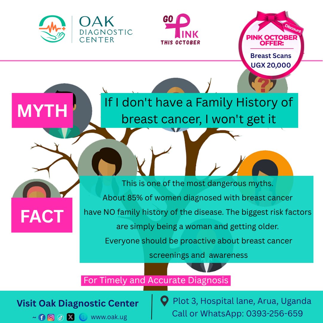 ❌ Myth: No family history means no risk. 

🎗 Fact: Anyone can get breast cancer — Get screened today!

For more Info and other testing needs;

Visit OAK Diagnostic Center at Plot 3, Hospital lane, Arua

Call or WhatsApp us on 0393256659
#Oak_DC #Arua #BreastCancer #patlama