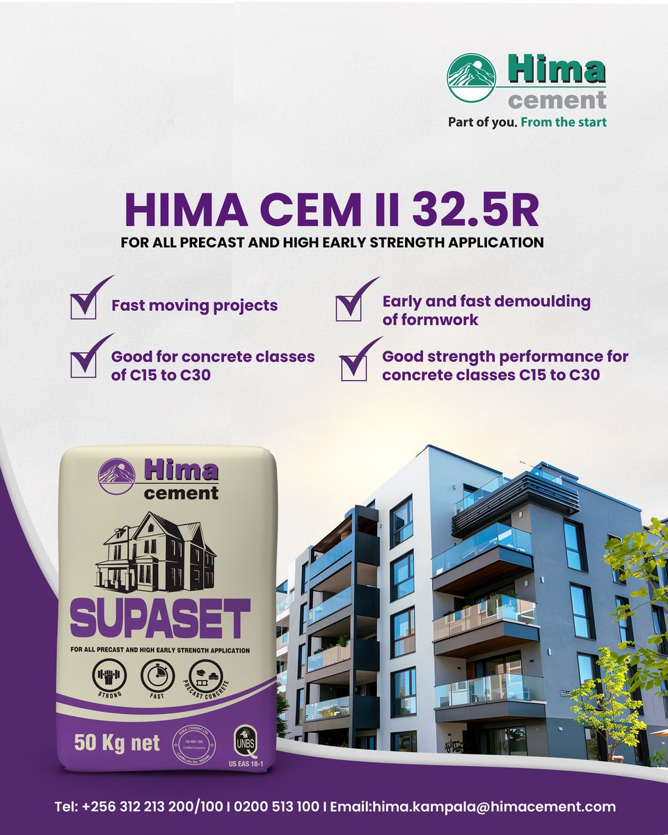 HimaCement's tweet photo. ⏱️ When time and strength matter most, choose Hima CEM II 32.5R (Supaset).

Designed for fast-moving projects and early strength performance.
✅ Ideal for concrete classes C15–C30
✅ Perfect for precast and quick demoulding
✅ Trusted quality from Hima Cement

📞 Call us: +256 312 213 100/200 | ✉️ hima.kampala@himacement.com

#HimaCement #Supaset #BuildingExcellence #ConcreteStrength #CemII #PartOFYouFromTheStart