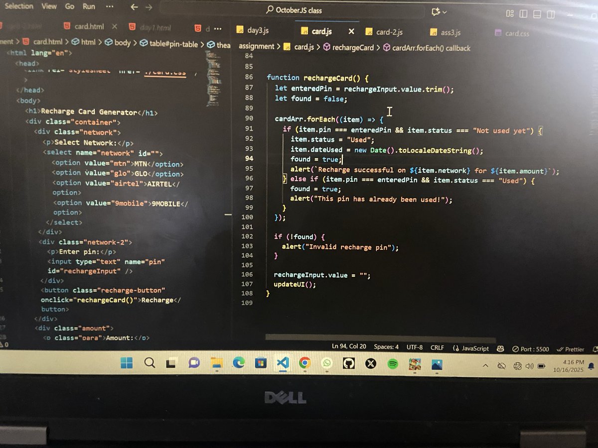 _TechSage's tweet image. Built my own recharge card generator 😅
No more begging for MTN cards or Glo and others I generate mine (in JS of course 😂). #JavaScriptJourney  #fullstackengineer #CodingJourney #DevCommunity