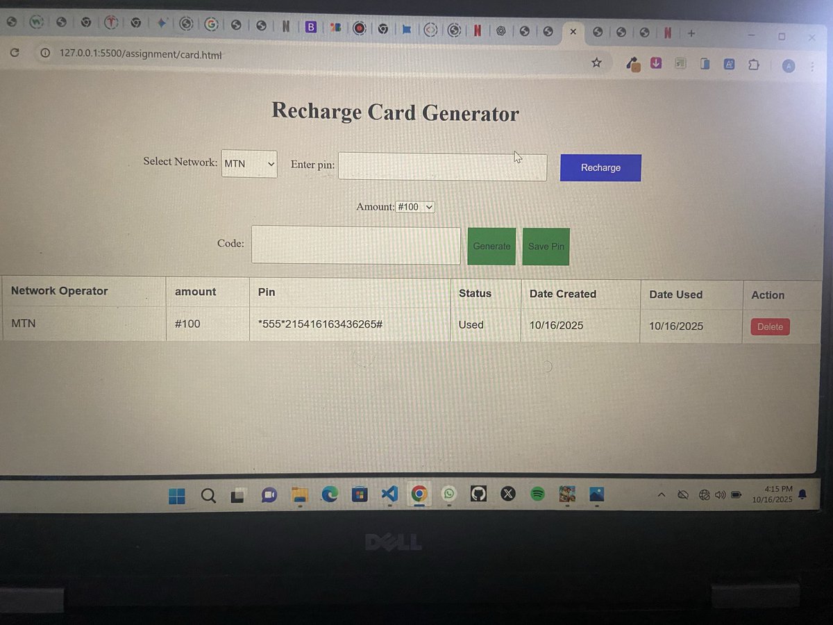 _TechSage's tweet image. Built my own recharge card generator 😅
No more begging for MTN cards or Glo and others I generate mine (in JS of course 😂). #JavaScriptJourney  #fullstackengineer #CodingJourney #DevCommunity