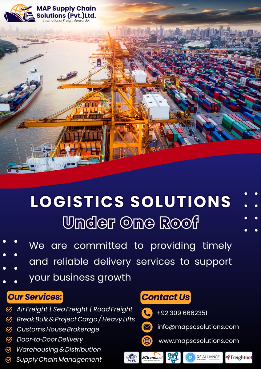 Mapscsolutions's tweet photo. Global Logistics. One Reliable Network. 🌐 Air, Sea & Road Freight + Warehousing + Customs = MAP Supply Chain Solutions. #GlobalTrade #MAPLogistics #MapSupplyChainSolutions #InternationalFreightForwarding #SupplyChainExperts #LogisticsSimplified https://t.co/YW4DVQx3db