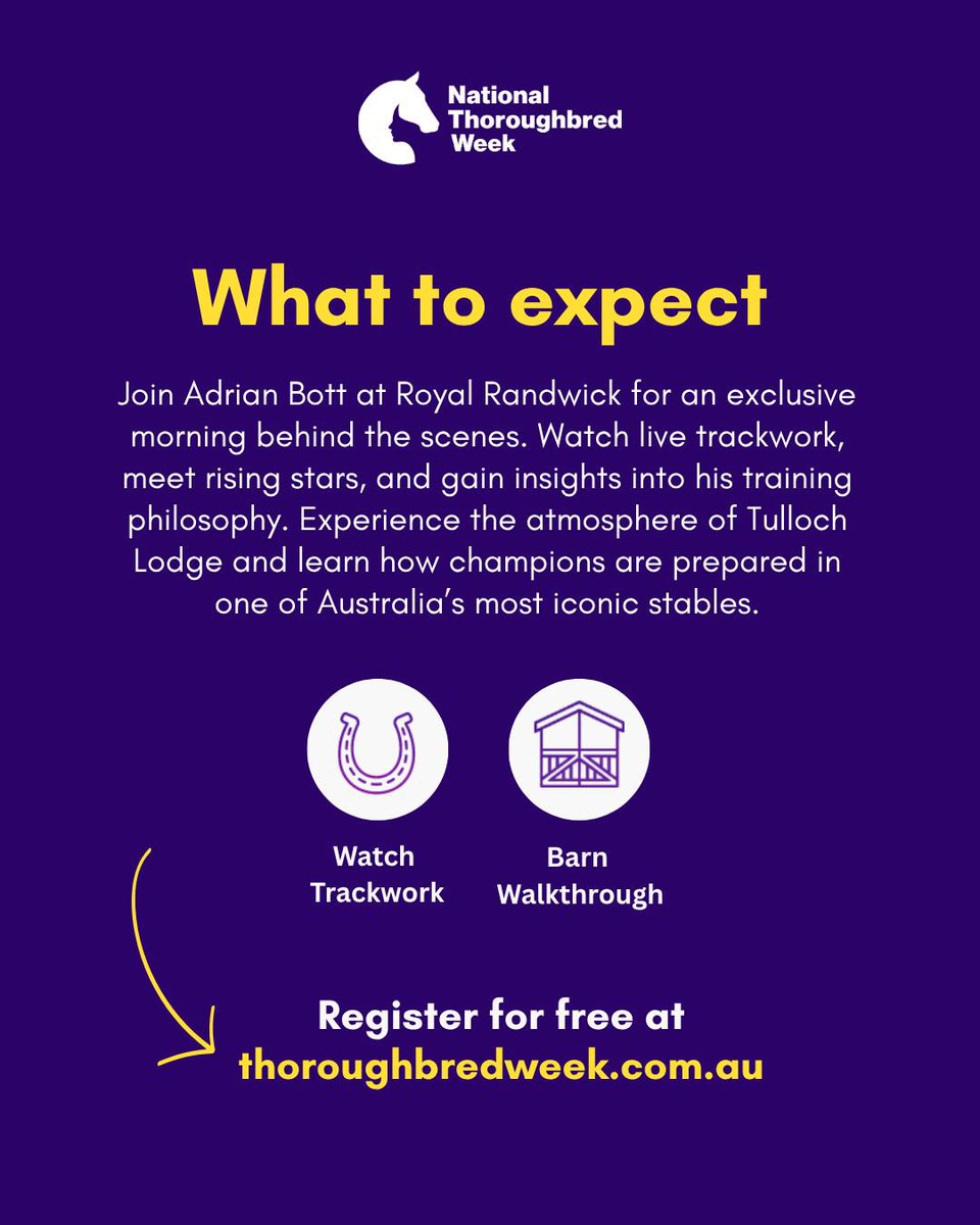 National Thoroughbred Week (@nationaltbweek) on Twitter photo You better be quick for this one!
Is there a bigger household name in racing than <a href="/GaiWaterhouse1/">Gai Waterhouse AO</a>? In an exclusive morning at Randwick, get behind the scenes, and see how one of Australia’s most iconic racing stables operates 🤩
Spots limited, rsvp now.
#nationaltbweek You better be quick for this one!
Is there a bigger household name in racing than <a href="/GaiWaterhouse1/">Gai Waterhouse AO</a>? In an exclusive morning at Randwick, get behind the scenes, and see how one of Australia’s most iconic racing stables operates 🤩
Spots limited, rsvp now.
#nationaltbweek