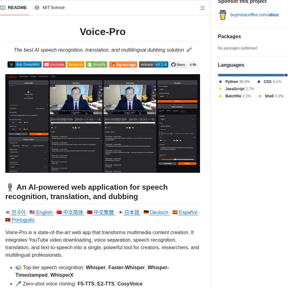 tom_doerr's tweet image. AI multilingual speech recognition, translation, dubbing web app