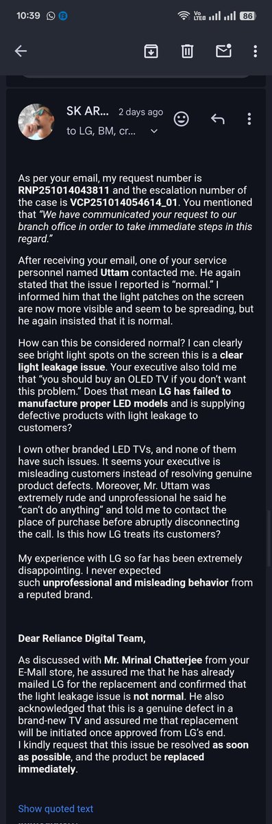 Arbin9681's tweet photo. @RelianceDigital I purchased an LG 4K UHD LED TV from Reliance Digital, and right after installation, I noticed a serious defect. It’s been 10 days I’ve emailed both Reliance Digital and LG, but still no response or solution. Very disappointing service for a defective product! https://t.co/1o8A7wS6jo