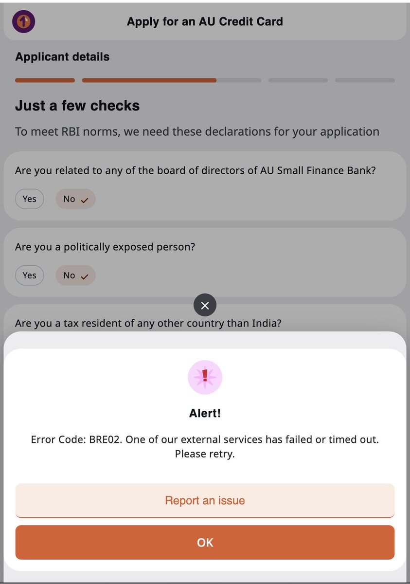 Dear <a href="/aubankindia/">AU Small Finance Bank</a> your credit card application system is repeatedly throwing the error: BRE02. Can someone please investigate this issue?