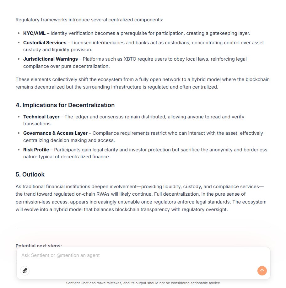 I asked Sentient one night
as I watched the blue lines of the blockchain sprawl across the digital globe like rivers of light
Can real-world assets on-chain truly stay decentralized once regulators arrive?

It paused,
like a cartographer tracing fault lines before a quake,
and