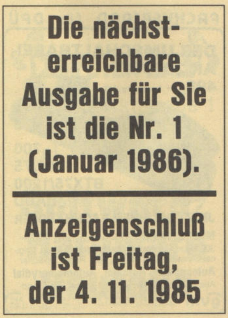 Retrojournal_de's tweet image. Redaktionsschluss 1985 🗓️✏️
RUN 11/85 erschien am 16.10.1985, aber Anzeigenschluss für die Januar-Ausgabe war erst am 4.11. – und die kam dann am 11.12.!
Fast zwei Monate Vorlauf – heute undenkbar im „Poste-es-jetzt“-Zeitalter.
#RetroComputing #RUNMagazin #Printkultur #80er
