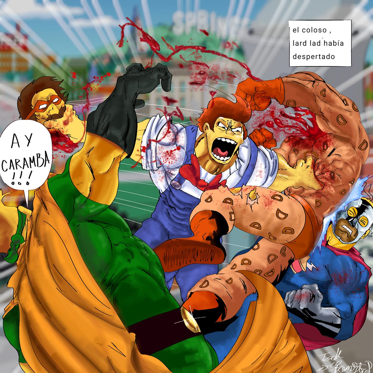 jackospringtrap's tweet image. Fanart durísimo de los Simpsons contra Lard lad