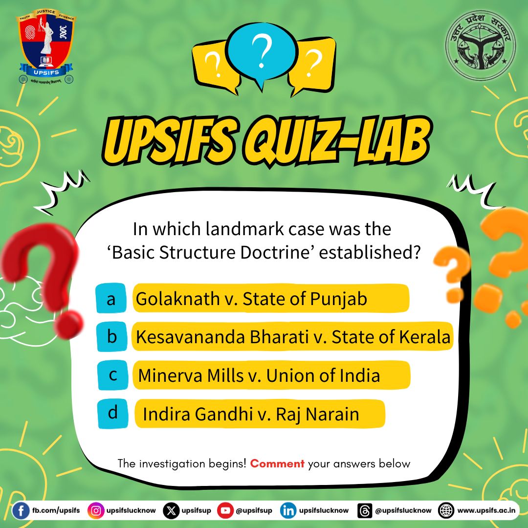 UPSIFS (@upsifsup) on Twitter photo The case that changed the course of Indian Constitution!
Can you guess which landmark judgment introduced the Basic Structure Doctrine?
Drop your answers below and let’s see who’s the real Constitution Crusader!
<a href="/GoswamiGK2025/">Dr GK Goswami IPS</a> <a href="/Uppolice/">UP POLICE</a> <a href="/CMOfficeUP/">CM Office, GoUP</a> <a href="/UPGovt/">Government of UP</a>
#UPSIFSQuizLab The case that changed the course of Indian Constitution!
Can you guess which landmark judgment introduced the Basic Structure Doctrine?
Drop your answers below and let’s see who’s the real Constitution Crusader!
<a href="/GoswamiGK2025/">Dr GK Goswami IPS</a> <a href="/Uppolice/">UP POLICE</a> <a href="/CMOfficeUP/">CM Office, GoUP</a> <a href="/UPGovt/">Government of UP</a>
#UPSIFSQuizLab
