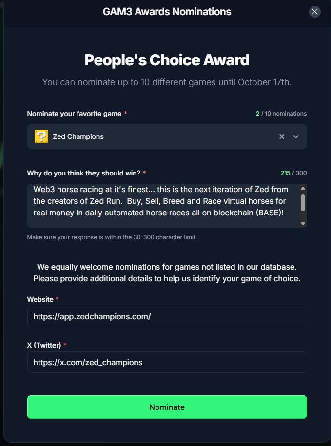 MangoIceStables (@mangoicestables) on Twitter photo <a href="/zed_champions/">ZED CHAMPIONS</a> got a nomination from me for People's Choice Game of the Year!
Anybody else want to nominate Zed or any other games here is the link
gam3s.gg/gam3awards/ <a href="/zed_champions/">ZED CHAMPIONS</a> got a nomination from me for People's Choice Game of the Year!
Anybody else want to nominate Zed or any other games here is the link
gam3s.gg/gam3awards/