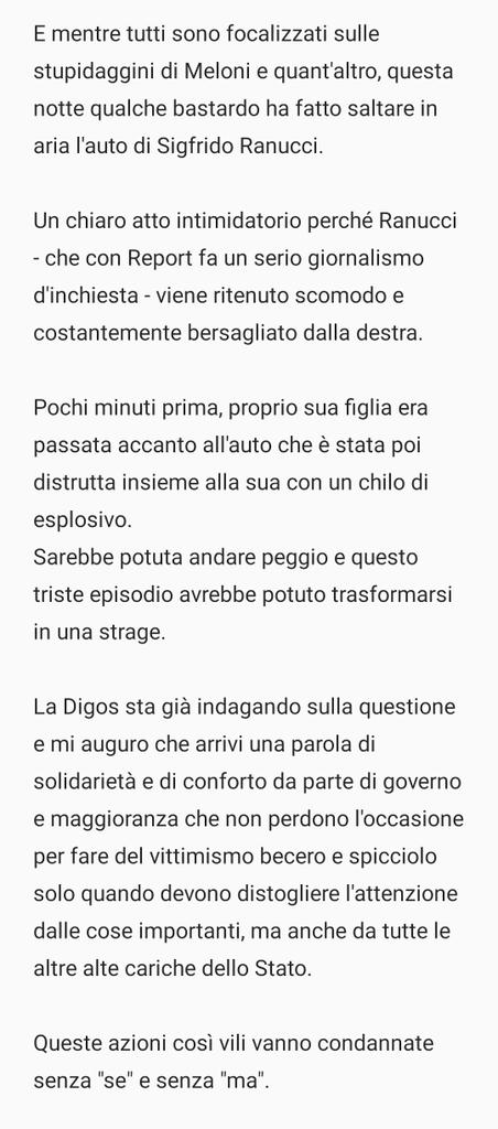 E mentre tutti sono focalizzati sulle stupidaggini di #Meloni e quant'altro, questa notte qualche bastardo ha fatto saltare in aria l'auto di Sigfrido #Ranucci.

Forza <a href="/SigfridoRanucci/">Sigfrido Ranucci</a>, siamo con te!