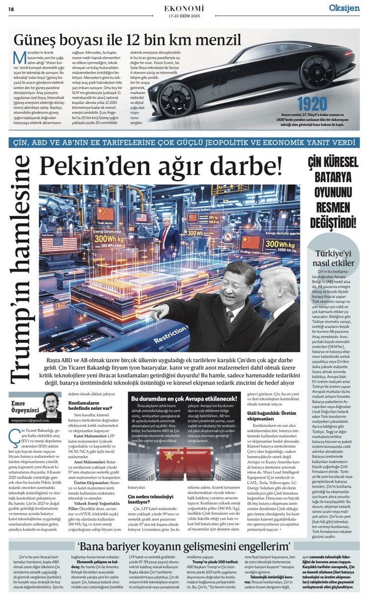 eozpeynirci's tweet photo. Bugün @gazeteoksijen günü…

🇨🇳 Trump’ın hamlesine Pekin’den ağır darbe!

Çin, küresel batarya oyununu resmen değiştirdi ⚡️

ABD ve AB’nin ek tarifelerine karşı Çin’den güçlü bir jeopolitik yanıt geldi:
Ticaret Bakanlığı, lityum iyon bataryalar, katot ve grafit anotlar dahil kritik teknolojilere ihracat kısıtlaması getirdi!

Bu karar sadece hammaddeyi değil,
batarya üretimindeki teknolojik üstünlüğü ve küresel tedarik zincirini de hedef alıyor.

https://t.co/PpNjewy3U0
