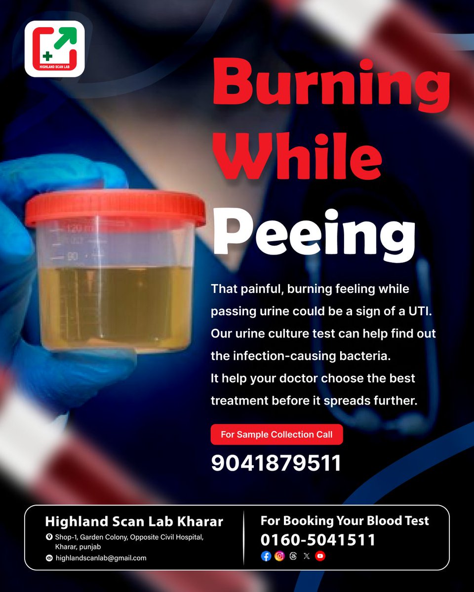 HighlandScanLab's tweet image. Burning while peeing? It could be a Urinary Tract Infection (UTI) and ignoring it can make things worse. A Urine Culture Test at Highland Scan Lab helps find the exact cause so you get the right treatment fast. Don’t wait, get tested and feel better.