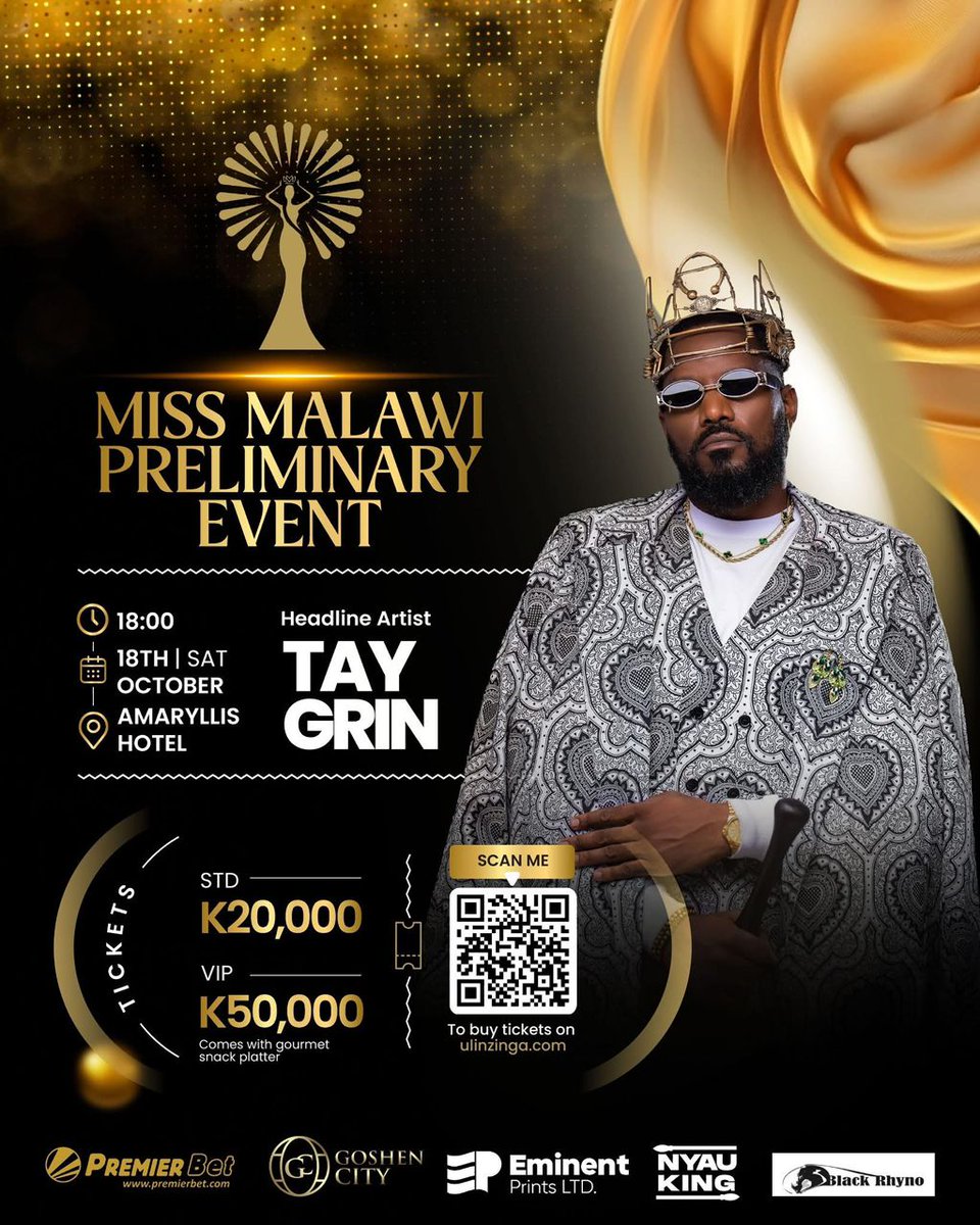 Let's go watch the Miss Malawi Preliminary Event tomorrow at Amaryllis 

Tickets:ulinzinga.com/ev-kM5Q4pn6

#MissMalawiPreliminaryEvent #TrayGrin #MissMalawi