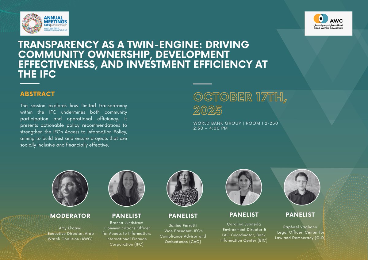 <a href="/bigshiftglobal/">The Big Shift Global</a> <a href="/farnargentina/">FARN</a> <a href="/4accountability/">International Accountability Project (IAP)</a> <a href="/PowerShftAfrica/">Power Shift Africa</a> <a href="/CANIntl/">Climate Action Network International (CAN)</a> <a href="/TrendAsia_Org/">Trend Asia</a> <a href="/BankClimateAdvo/">Bank Climate Advocates</a> <a href="/BIC_Updates/">Bank Information Center</a> <a href="/brettonwoodspr/">Bretton Woods Proj | bsky @brettonwoodsproject.org</a> <a href="/MenaFem/">MenaFem Movement For Economic,Ecological Justice</a> <a href="/IMFNews/">IMF</a> <a href="/Oxfam/">Oxfam International</a> <a href="/OxfamIFIs/">Oxfam Washington DC</a> <a href="/ituc/">ITUC</a> <a href="/IMFLive/">IMFLive</a> <a href="/eurodad/">Eurodad</a> <a href="/ActionAid/">ActionAid</a> <a href="/IEJ_SA/">Institute for Economic Justice</a> <a href="/ITUC_GU_IFI/">ITUC/Global Unions Washington Office</a> <a href="/WorldBankIAM/">World Bank Accountability Mechanism</a> <a href="/WorldBank/">World Bank</a> <a href="/IFC_org/">IFC</a> <a href="/MIGA/">MIGA</a> <a href="/CAOoffice/">CAO</a> <a href="/InspectionPanel/">The Inspection Panel</a> <a href="/cjmovement_ph/">Philippine Movement for Climate Justice</a> <a href="/AccountCounsel/">Accountability Counsel</a> <a href="/ciel_tweets/">Center for International Environmental Law</a> <a href="/SYNDGhana/">Strategic Youth Network For Development(SYND)</a> <a href="/christian_aid/">Christian Aid</a> <a href="/urgewald/">urgewald</a> <a href="/PTFund/">PTFund</a> TODAY #WBGmeetings

How can stronger #AccessToInfo policies at the IFC build trust and ensure projects truly serve communities? Join us for a chat on transparency and accountability.

🗓 14.30–16.00 (DC)
📍 World Bank I Building, Room 2-250
📺 worldbank.org/en/events/2025…