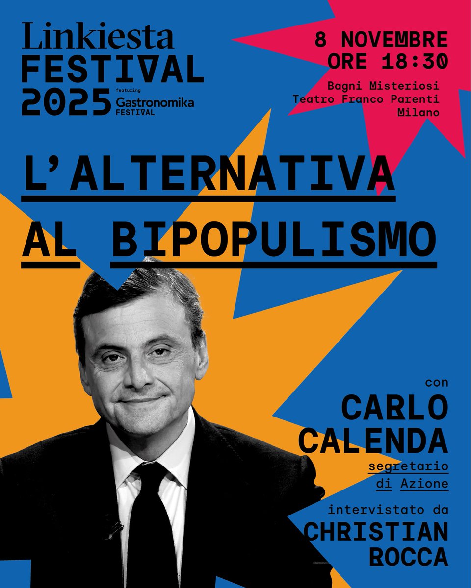 I primi nomi di Linkiesta Festival dal 7 al 9 novembre, con il link per prenotare il posto👇
eventbrite.com/e/linkiesta-fe…

<a href="/pinapic/">Pina Picierno</a> <a href="/PaoloGentiloni/">Paolo Gentiloni</a> <a href="/matteorenzi/">Matteo Renzi</a> <a href="/CarloCalenda/">Carlo Calenda</a> <a href="/francescocosta/">Francesco Costa</a>