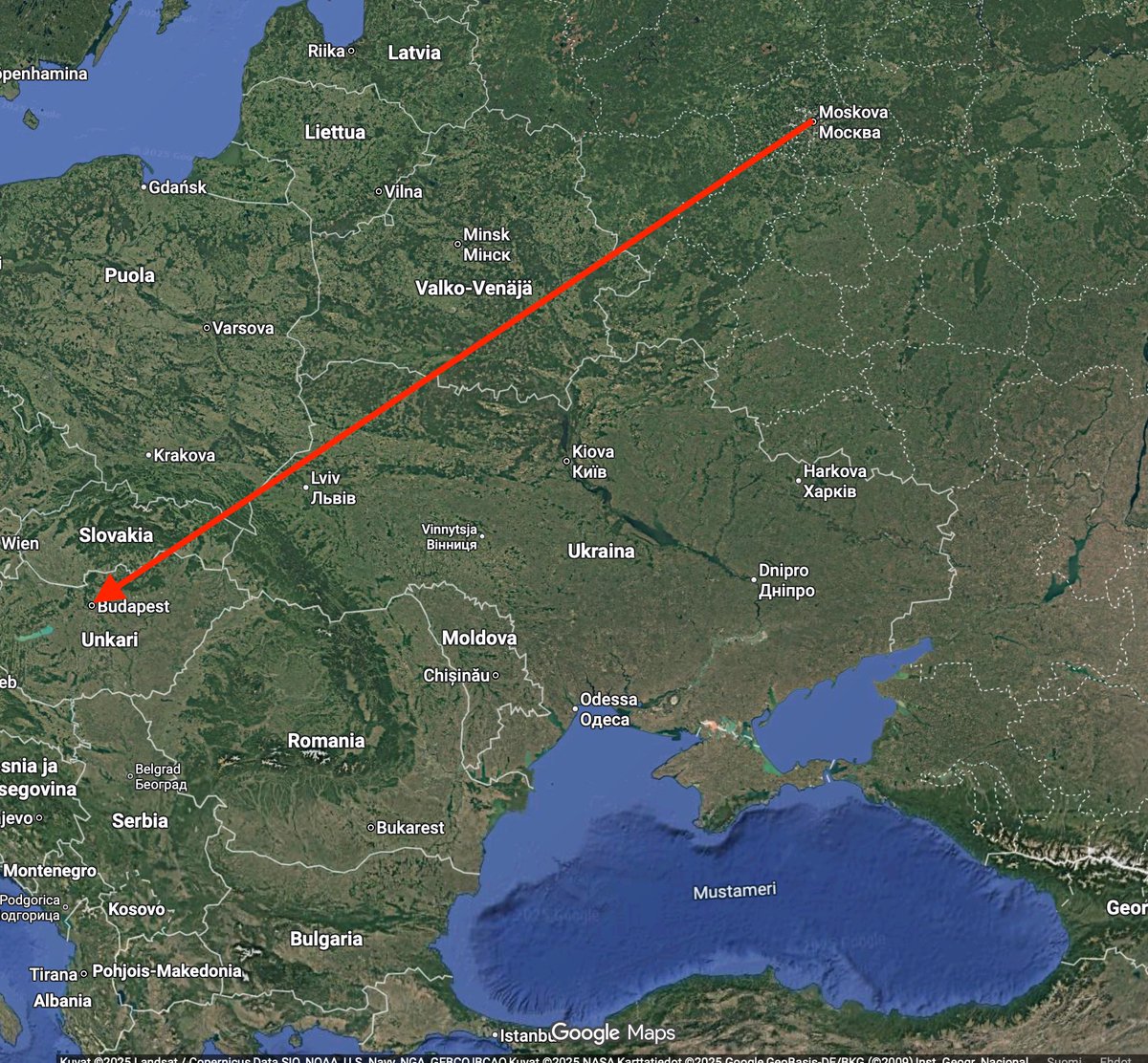 Joku jo ehti ihmettelemään mitä kautta Putin lentää Budapestiin ja on siinä tosiaan ihmettelemistä.
