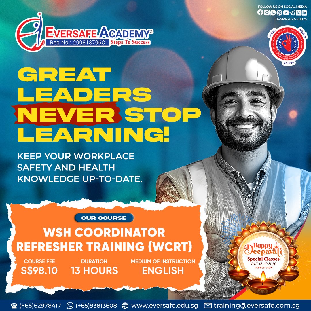 EversafeAcademy's tweet image. Keep your workplace safety and health knowledge up-to-date with the essential WSH Coordinator Refresher Training (WCRT) course from  | EVERSAFE Academy® Singapore!
📲 WhatsApp: 📱 bit.ly/3JKmp0J

#WSHCoordinator #RefresherTraining #DeepavaliSpecial #EversafeAcademy