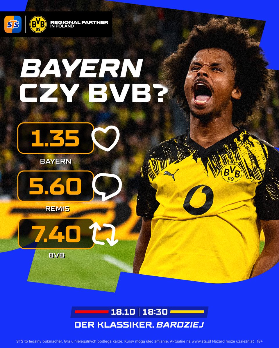 stspolska's tweet photo. Bayern, BVB, a może remis? Już jutro wielki DER KLASSIKER, a my już dziś pytamy: JAKI WYNIK?

Dwie NIEPOKONANE w tym sezonie Bundesligi = EMOCJE NA NAJWYŻSZYM POZIOMIE!

A wynik? Dajcie znać jak typujecie ⤵️ https://t.co/HVLzTKNdNI