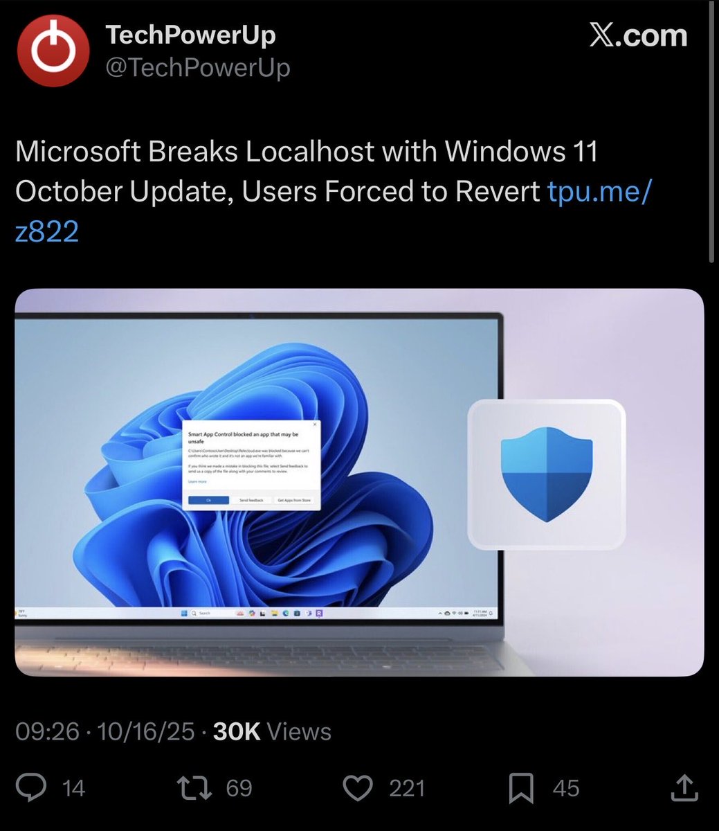theo's tweet image. I really wish I could take Windows development seriously but then shit like this happens
