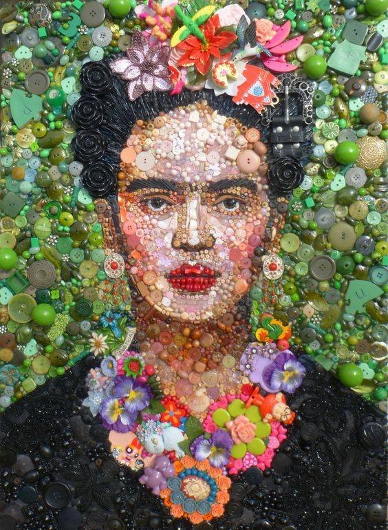 Frida by UK artist Jane Perkins who creates collage/mosaic artworks from found and upcycled materials #WomensArt