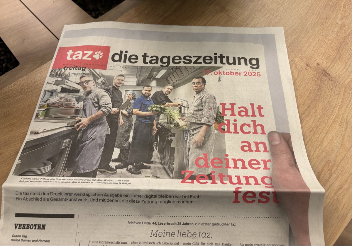 Historisch. Leider. Letzte Print-Werktagsausgabe der <a href="/tazgezwitscher/">taz</a> . Aber keine Sorge, rein digital geht auch - machen wir bei <a href="/lto_de/">Legal Tribune Online (LTO)</a> nur…😉#taz