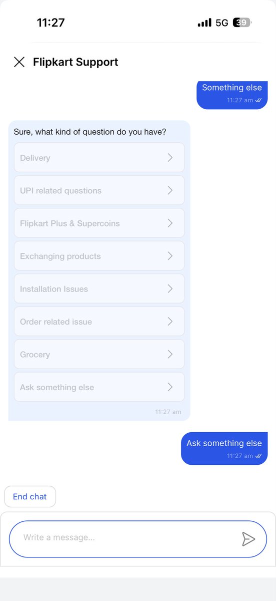 Adtkothari's tweet photo. @flipkartsupport @Flipkart I am trying to reply to your chat bot connect me to an agent as I need to speak things over a call, and it ends the chat repeatedly, this is super frustrating. #flipkartblack #bigbilliondays https://t.co/eJnLOuVKFz