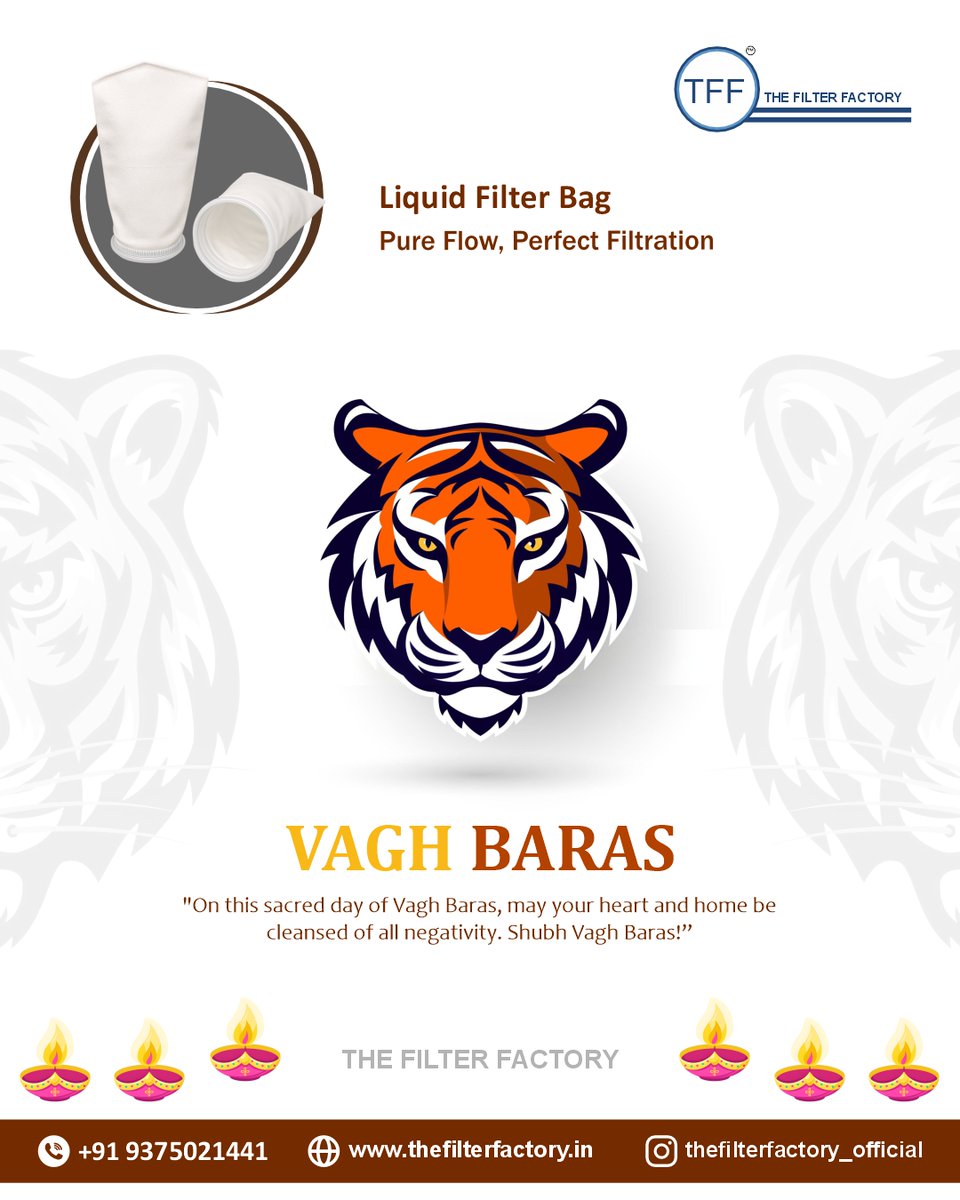 FilterFactoryIN's tweet image. 🕯️ Shubh Vagh Baras! 🐅

May your heart &amp;amp; home be cleansed of negativity and filled with peace, positivity, and prosperity. 🌟

The Filter Factory — where purity meets perfection!
💧 Liquid Filter Bag: Pure Flow, Perfect Filtration

#VaghBaras #ShubhVaghBaras #TheFilterFactory