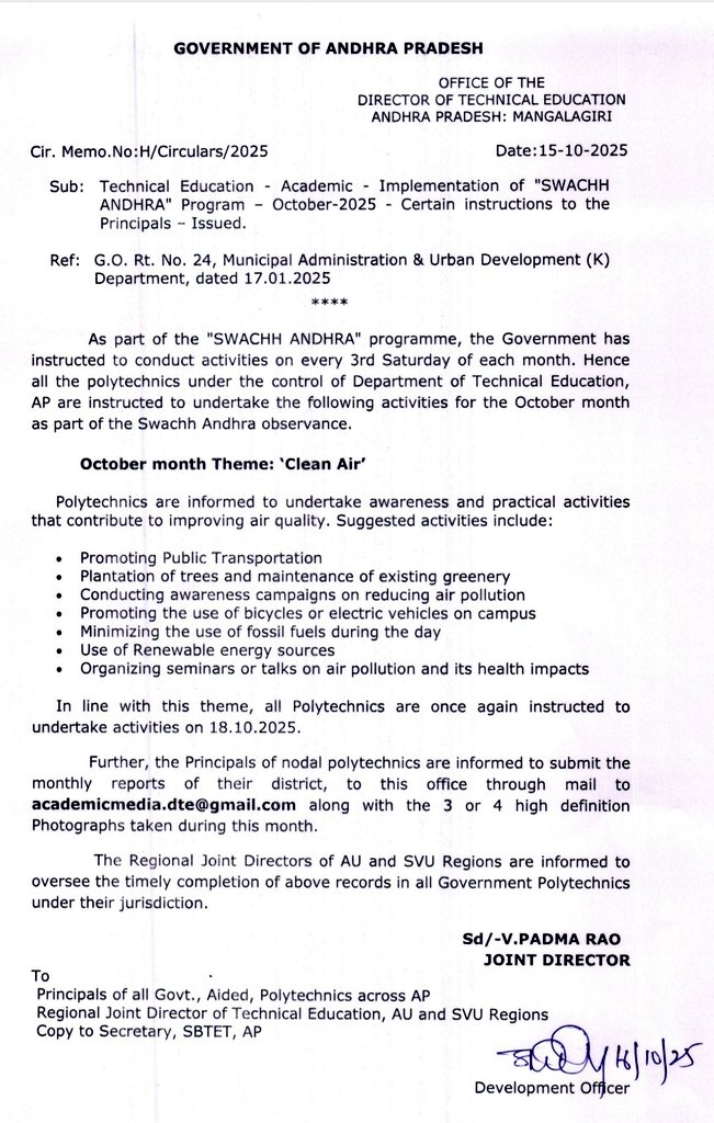 h_pongilath's tweet image. Director of Technical Education, #AndhraPradesh #Mangalagiri Circular to all Govt &amp;amp; Aided #Polytechnics regarding Implementation of #SWACHHAndhra to conduct activities on 03rd Saturday of each month.. 
#pollution #greenery