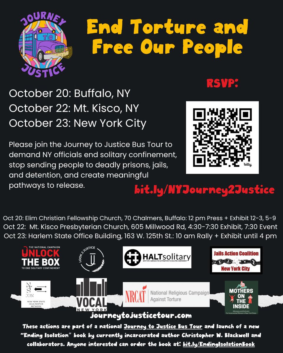 Join us for a Journey to Justice bus tour across New York State to end solitary confinement and free our people.

Buffalo 10/20 | Westchester 10/22 | NYC 10/23

RSVP: bit.ly/NYJourney2Just…