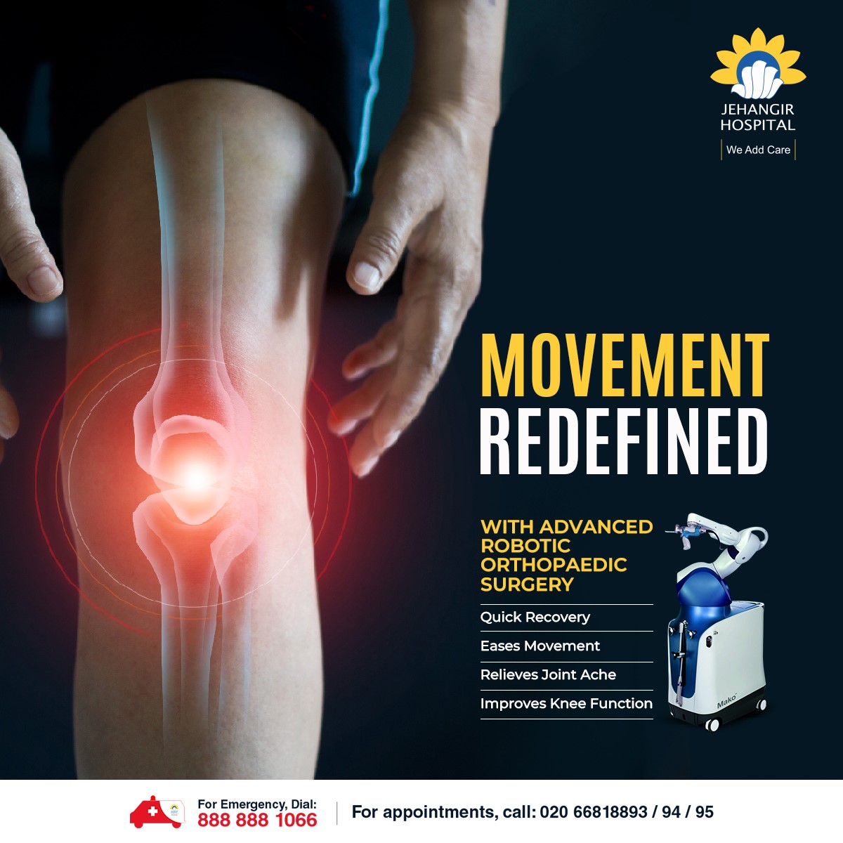 JehangirCare's tweet image. Robotic-assisted knee and hip replacements help patients regain mobility safely and accurately. Our Ortho team ensures precise surgery and faster recovery, helping you move with confidence.
#roboticsurgery #kneereplacement #hipreplacement #orthopaedics #precisioncare